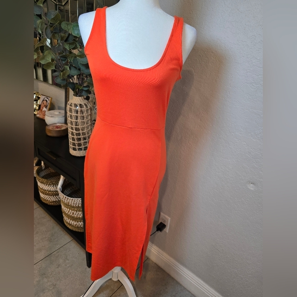 Open Edit Women's Scoop Neck Orange Bodycon Midi Tank Sleeveless Dress Size M - Picture 3 of 8